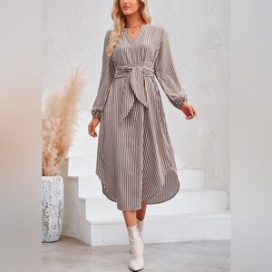 Anna Kaci Two Toned Stripped Dress - Midi/Maxi - Brown and White